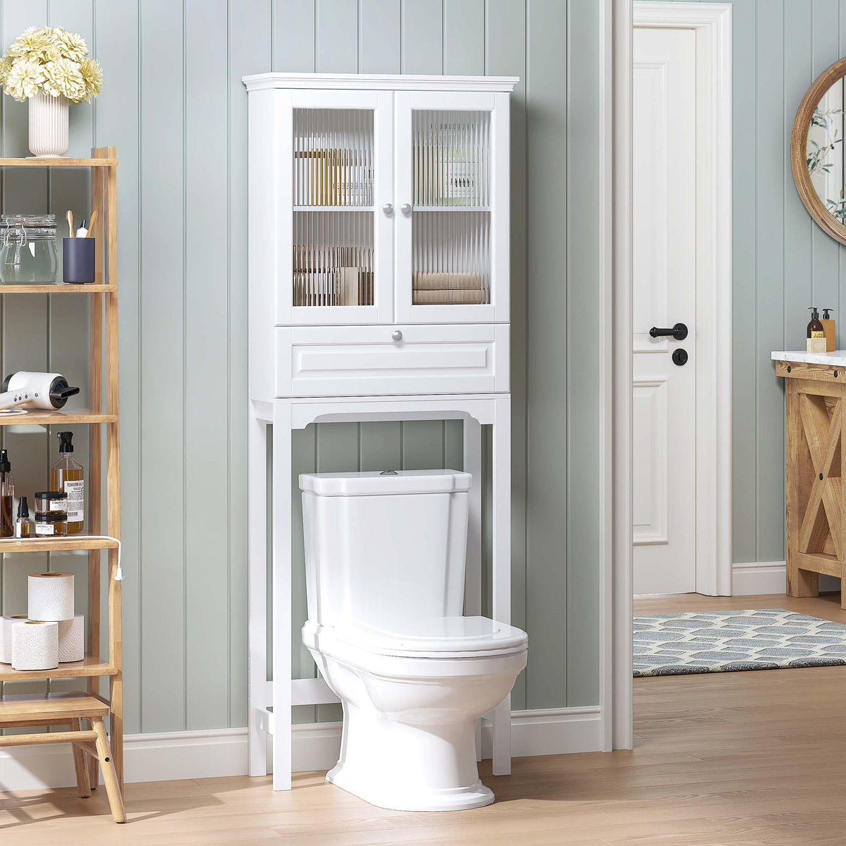 Over the Toilet Storage Cabinet with Glass Doors, White X517