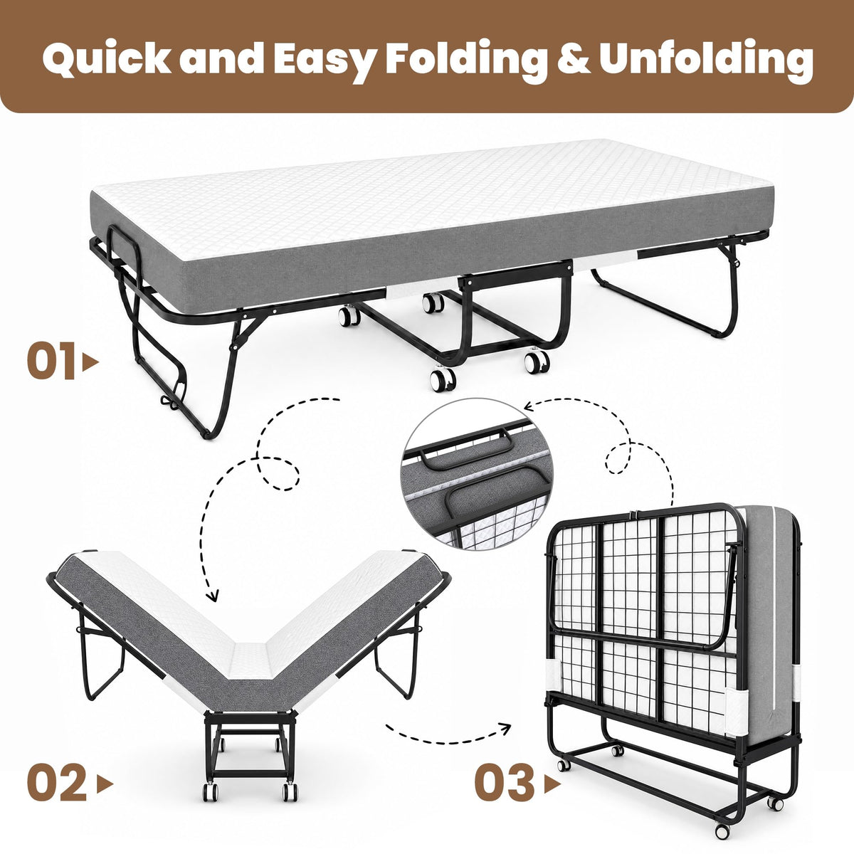Folding Bed with Mattress Extra Wide Guest Bed P5154