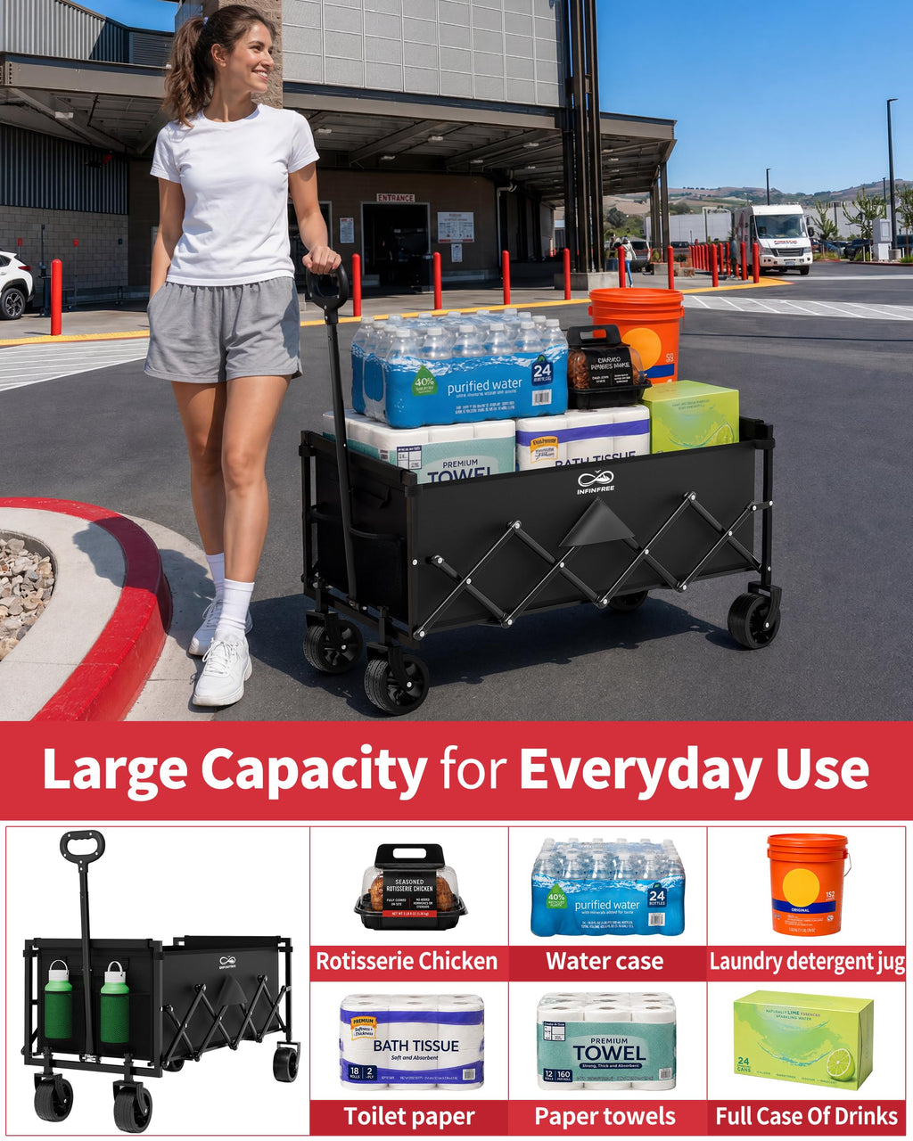 34" Extra Long Foldable Wagon with All-Terrain Wheels, 260 LBS Capacity Black G8198