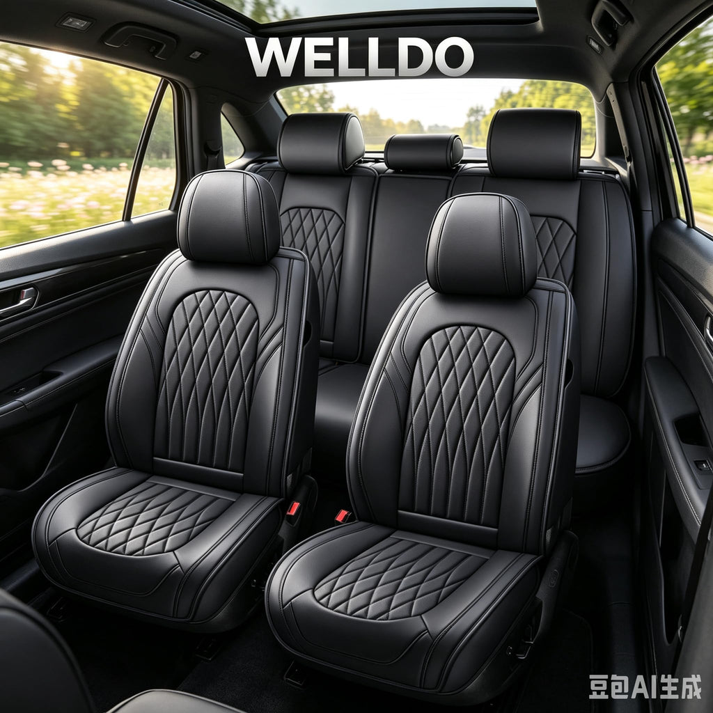Black Faux Leather Car Seat Cover Full Set X7460