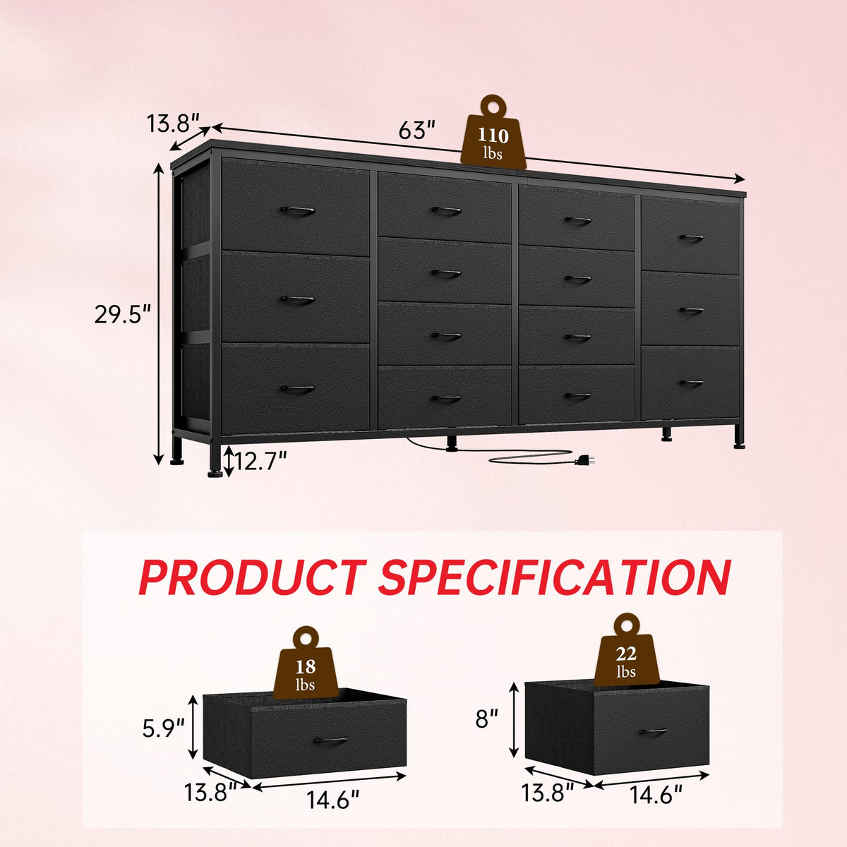 Black 14 Drawer Fabric TV Stand B3723