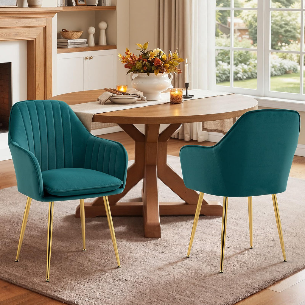 Velvet Accent Arm Chairs Set of 2 with Golden Legs F12032