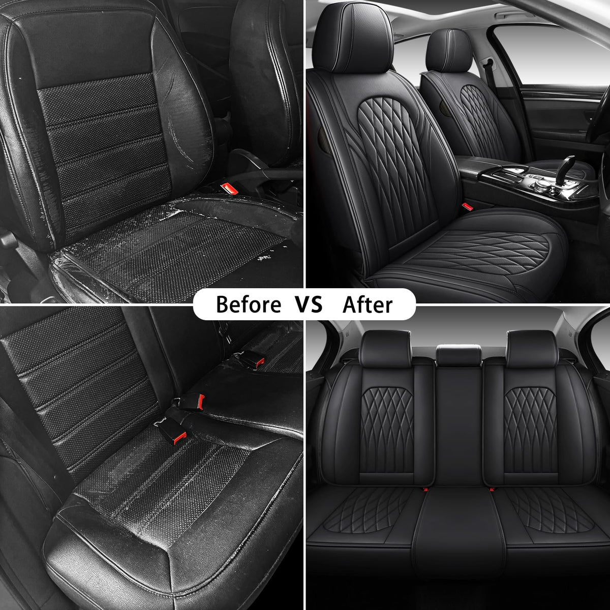 Black Faux Leather Car Seat Cover Full Set X7460