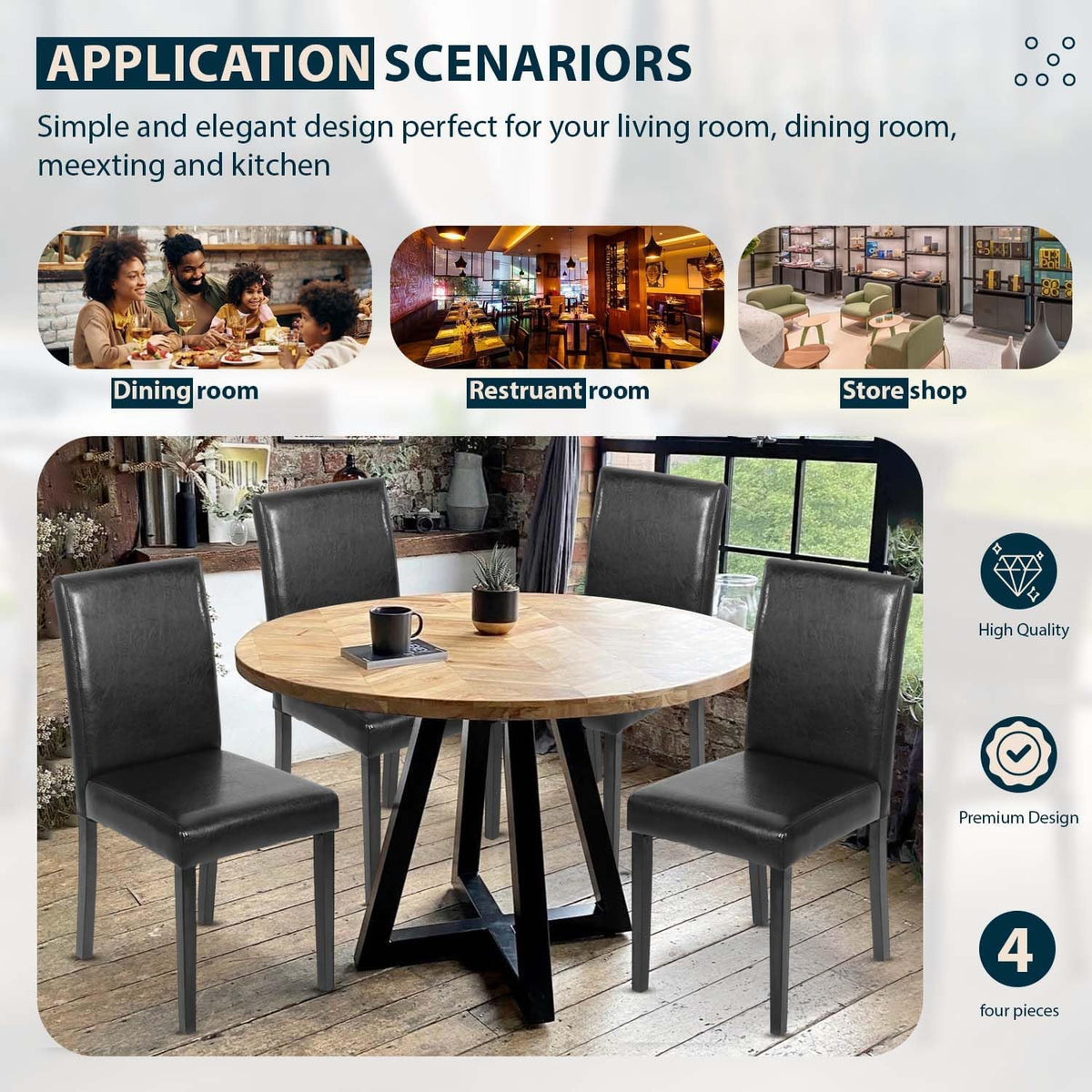 Black Set of 4 PU Leather Upholstered Dining Chairs with Solid Wood Legs W42871
