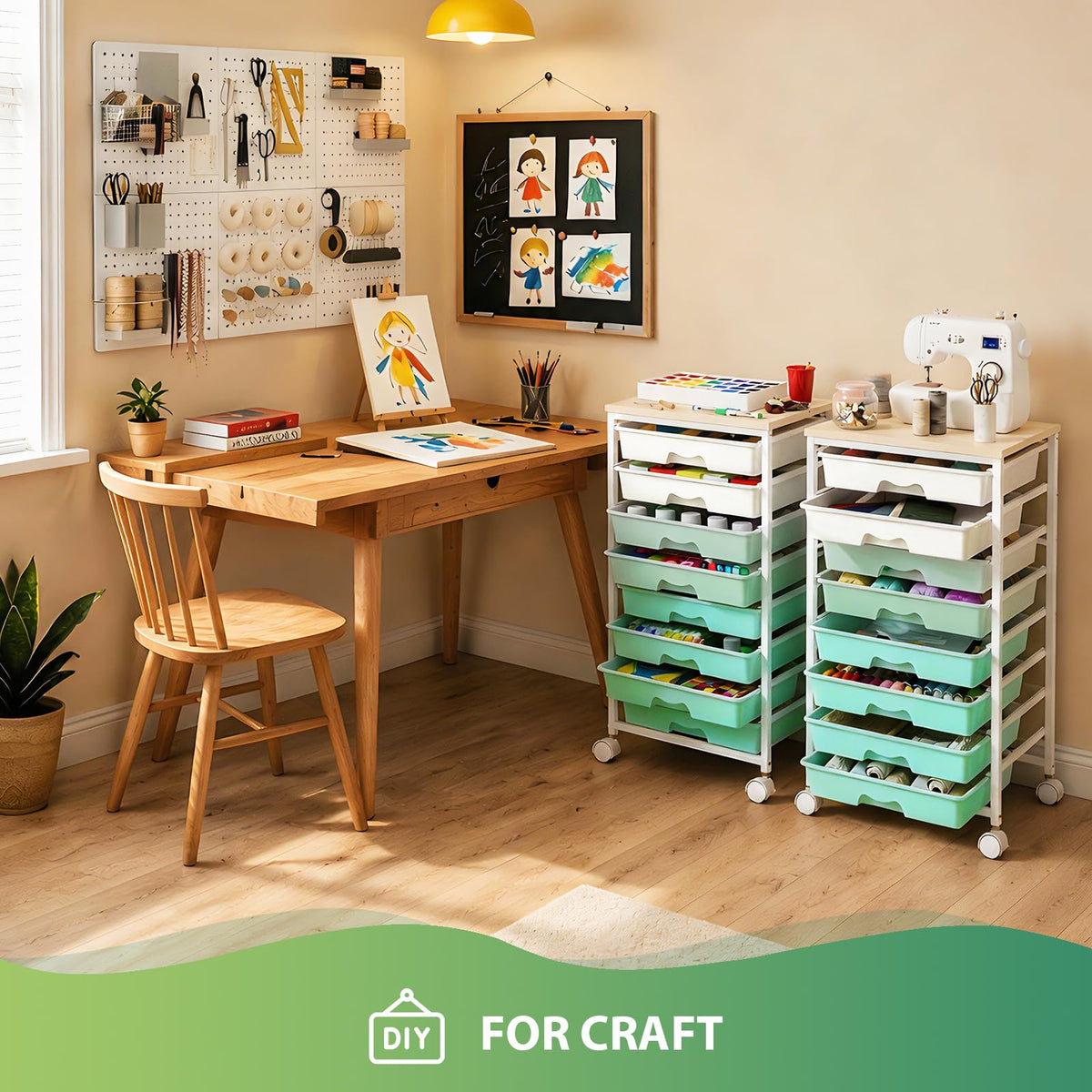 Green Rolling Cart with 8 Drawers Q90726