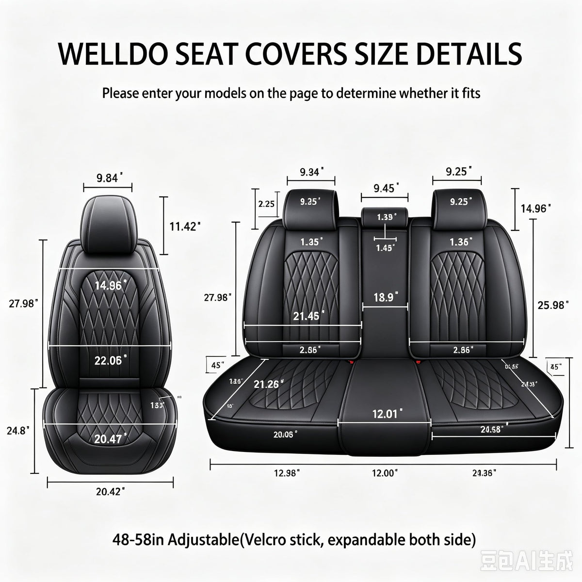 Black Faux Leather Car Seat Cover Full Set X7460