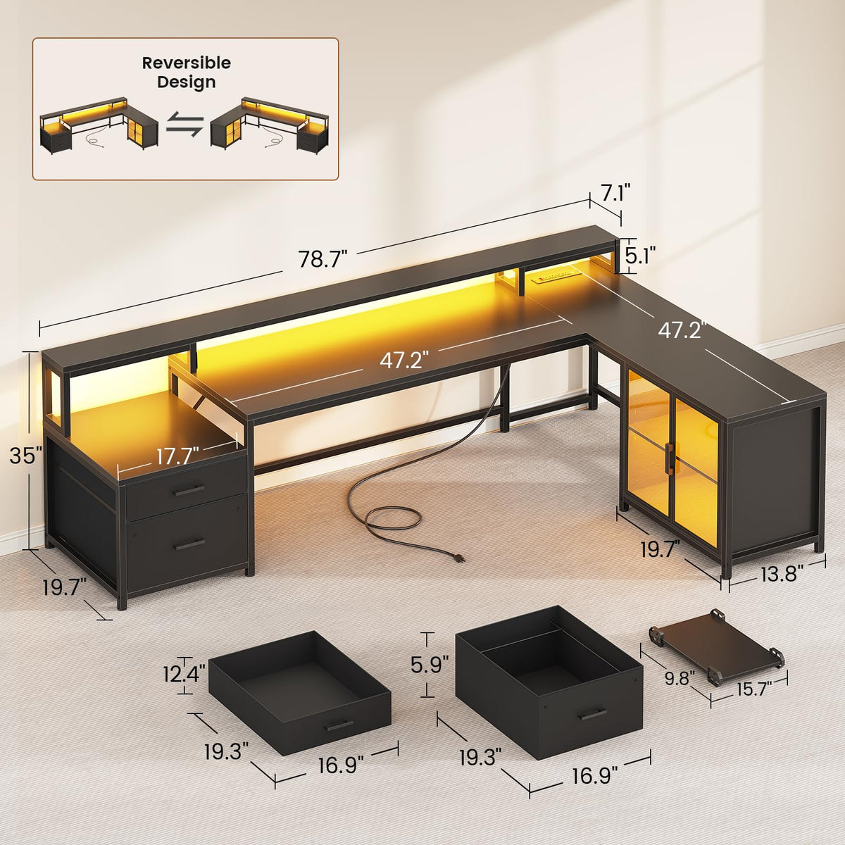 78.7” L Shaped Gaming Desk with Drawers S1114
