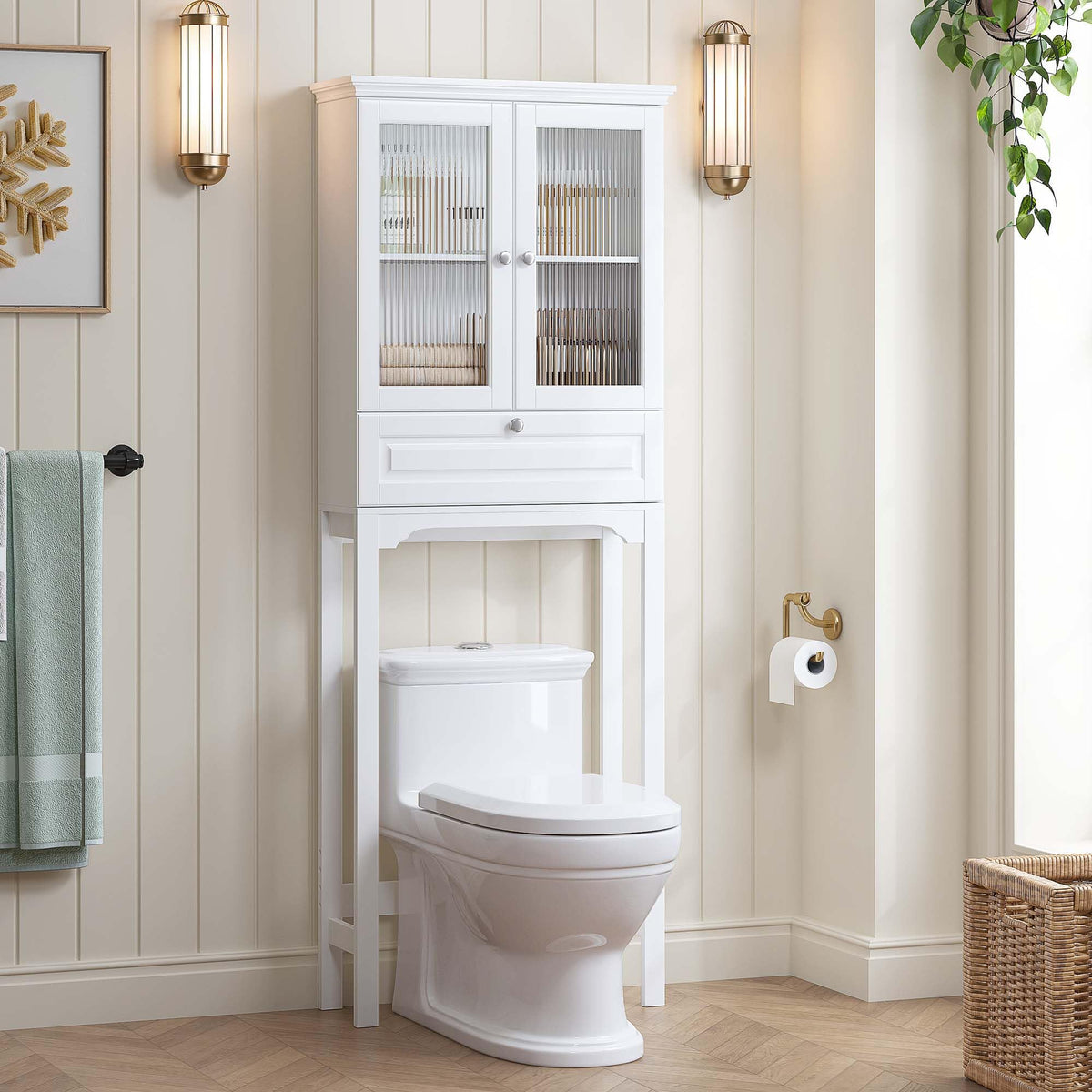 Over the Toilet Storage Cabinet with Glass Doors, White X517