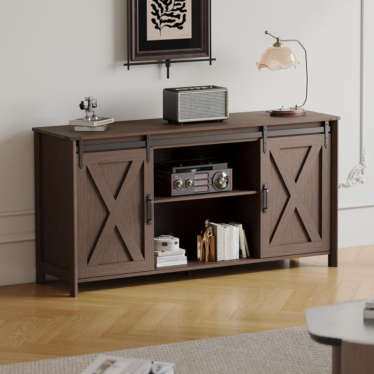 Farmhouse TV Stand 57 Inch Walnut F386576