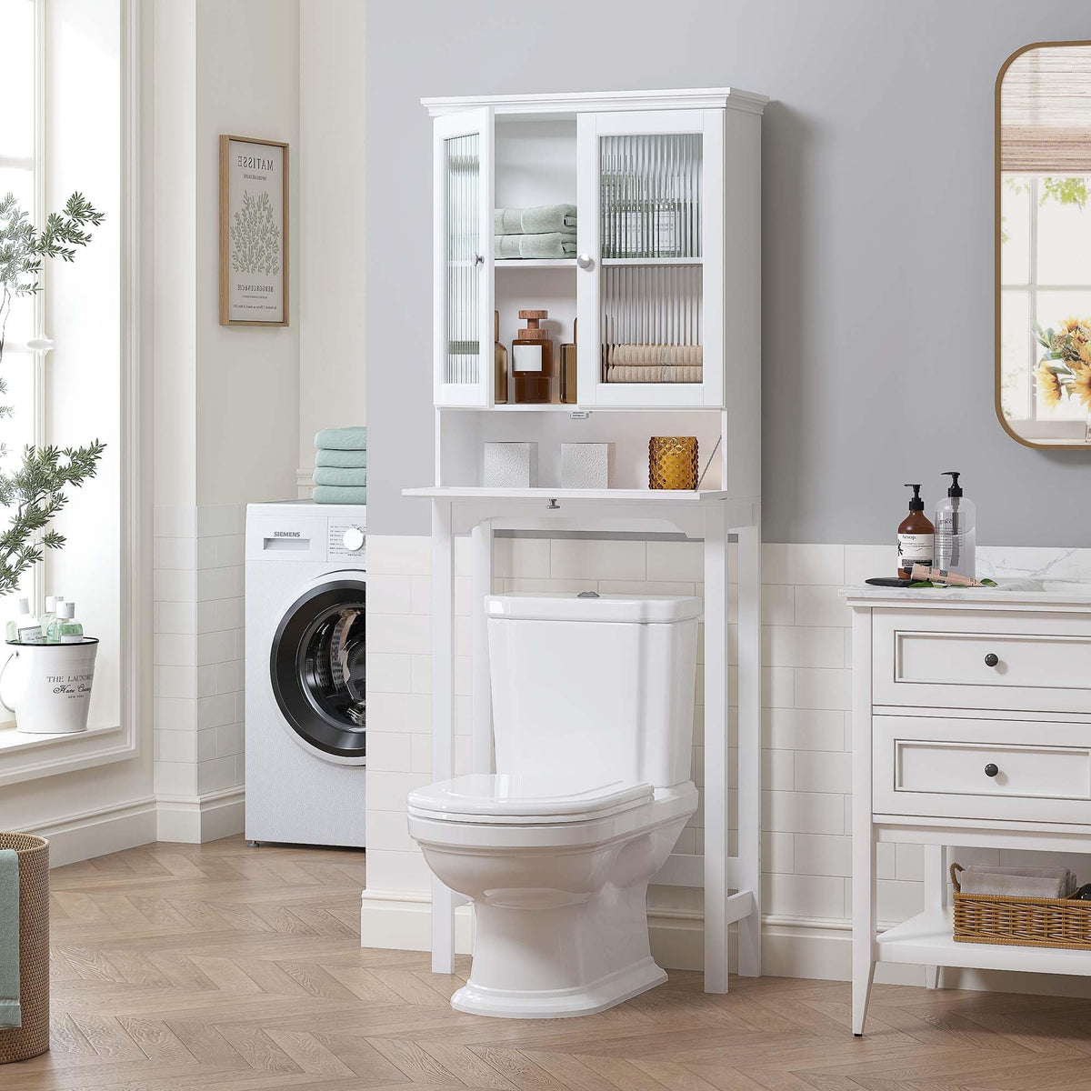 Over the Toilet Storage Cabinet with Glass Doors, White X517