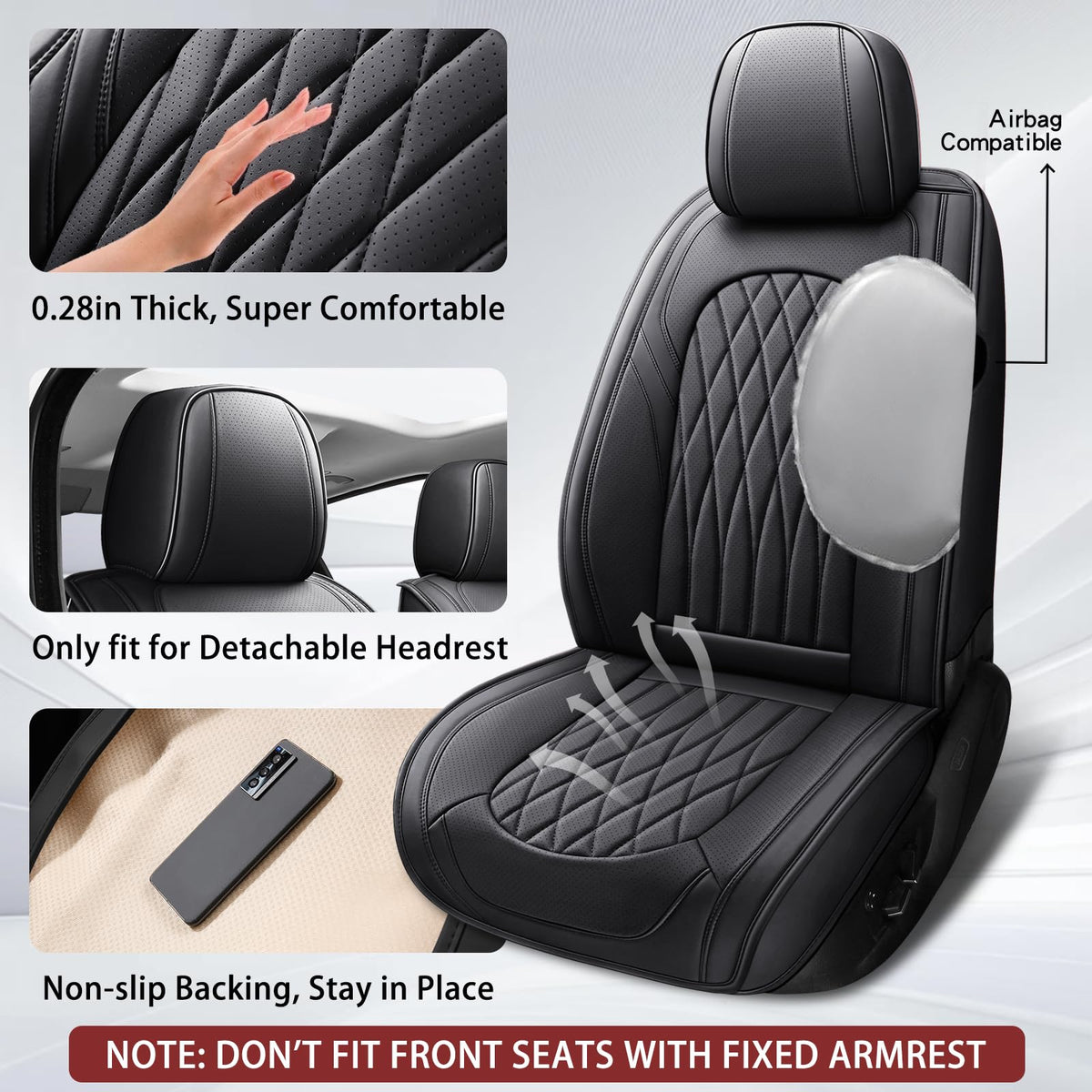 Black Faux Leather Car Seat Cover Full Set X7460