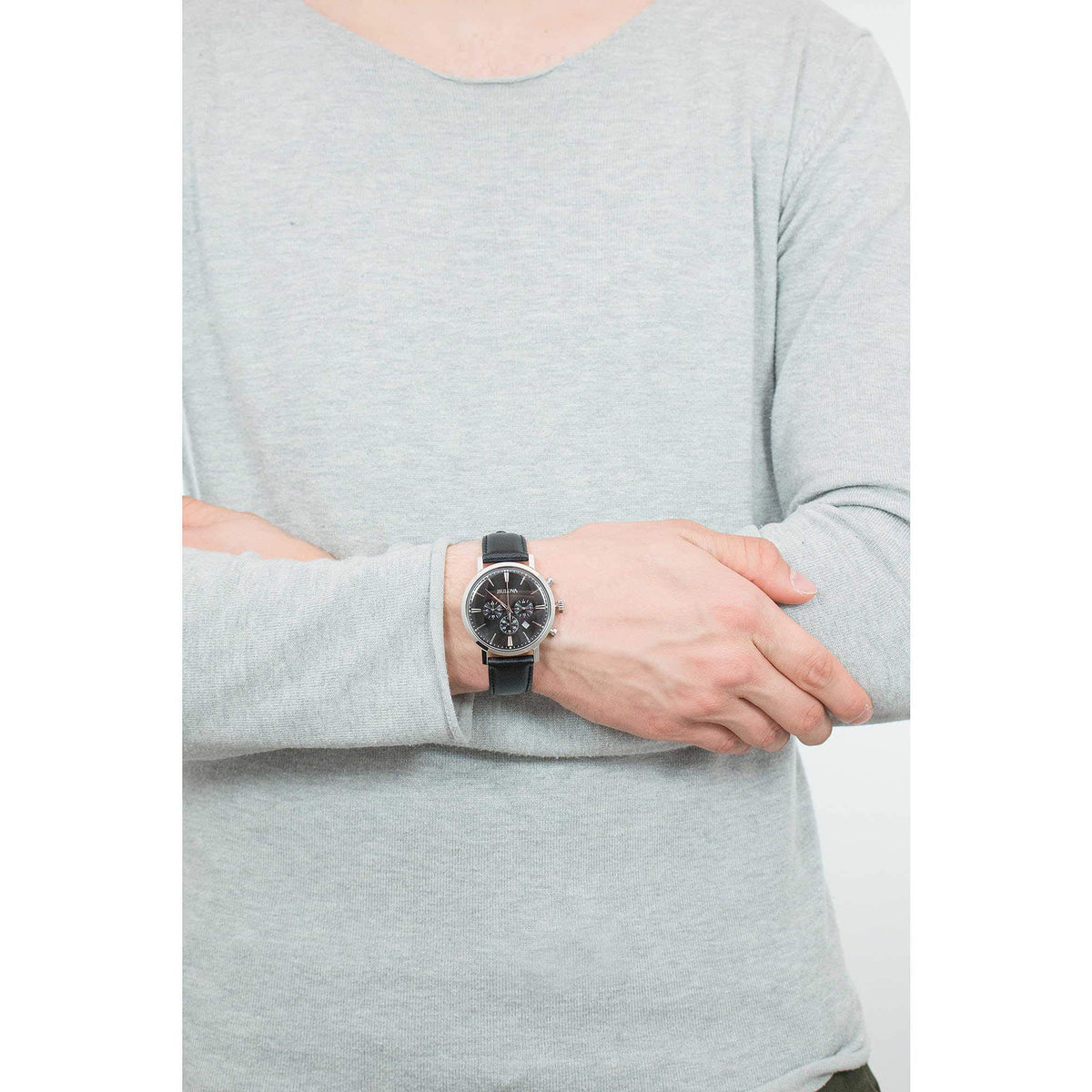 Men's Stainless Steel Chronograph Watch with Black Leather Strap H17278