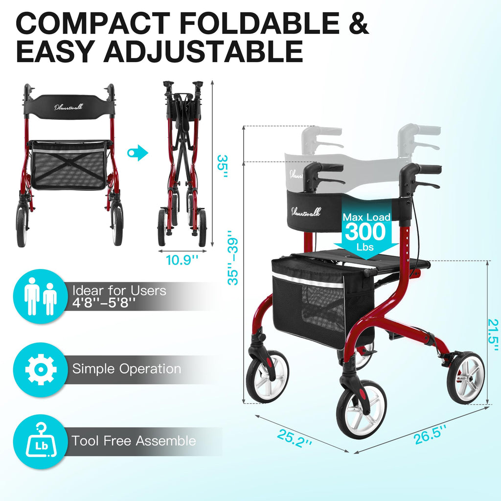 Lightweight Foldable Rollator Walker with Seat and 8" Rubber Wheels H188568