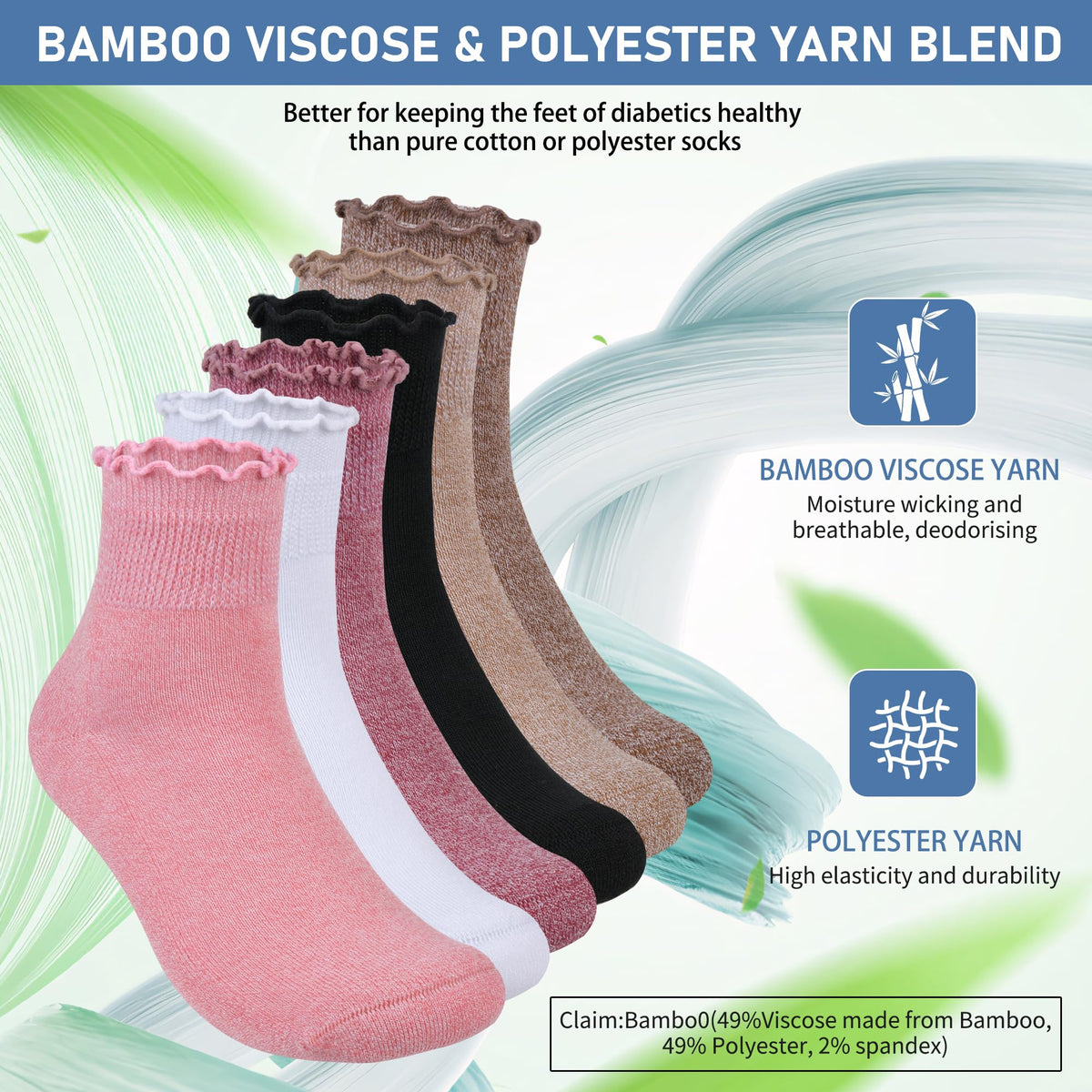 Women's 6 Pairs Non-Binding Diabetic Socks Size 9-11 Y4071