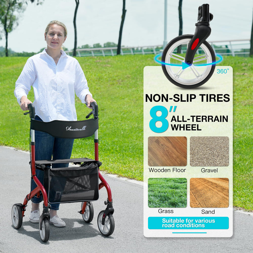 Lightweight Foldable Rollator Walker with Seat and 8" Rubber Wheels H188568
