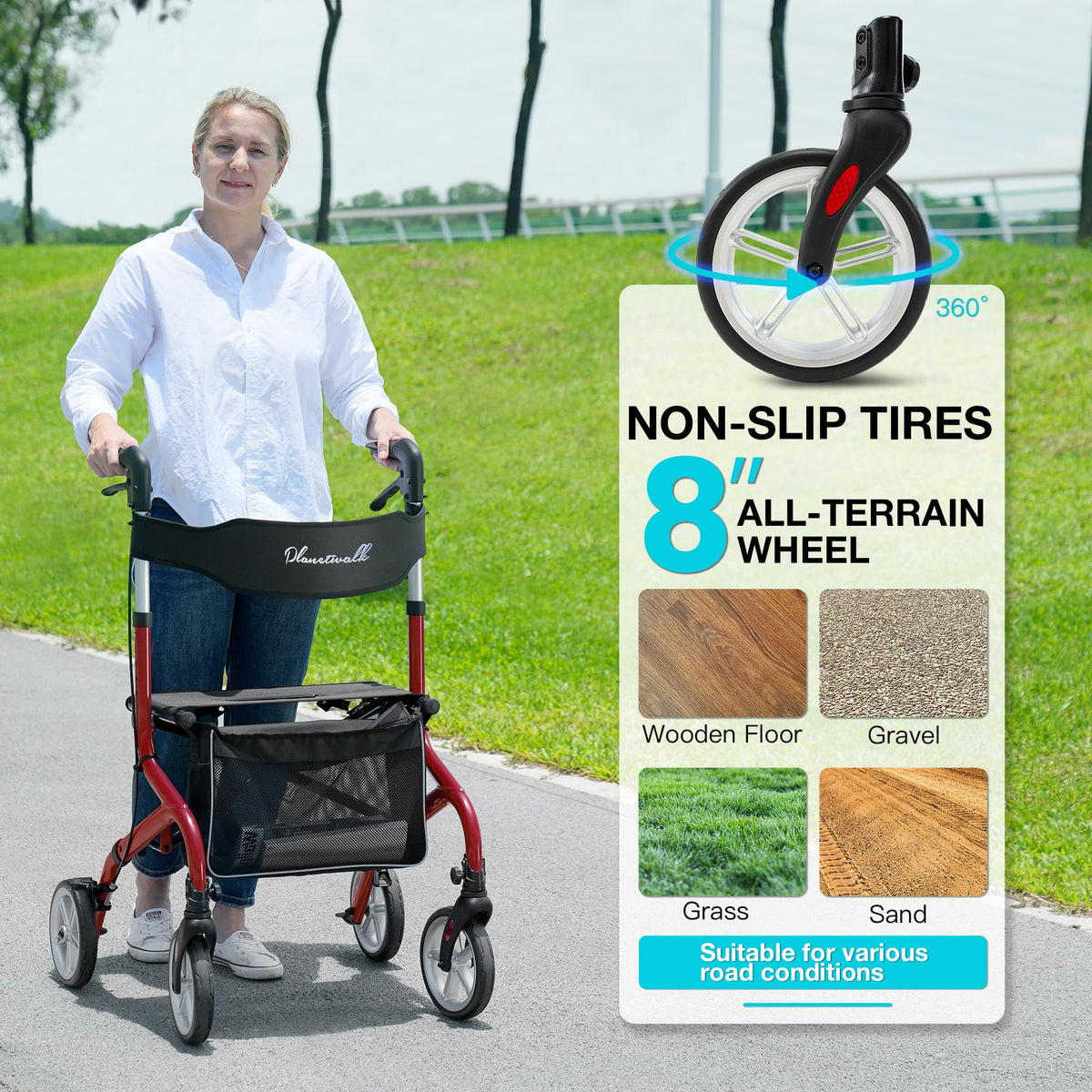 Lightweight Foldable Rollator Walker with Seat and 8" Rubber Wheels H188568
