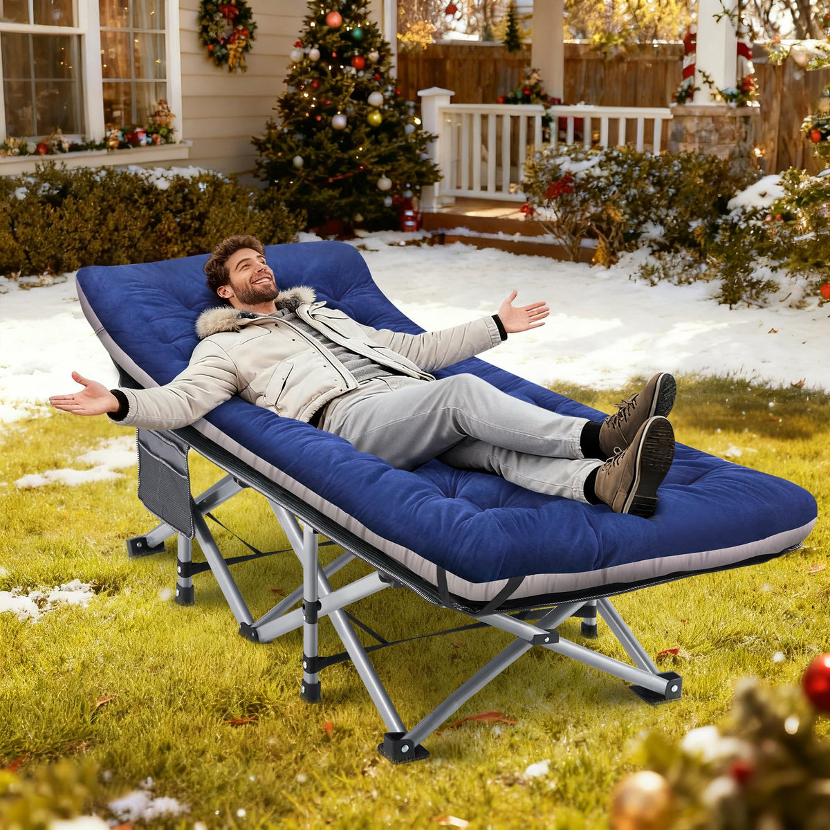 Blue Camping Cot with Cushion, Pillow and Carry Bag Q521