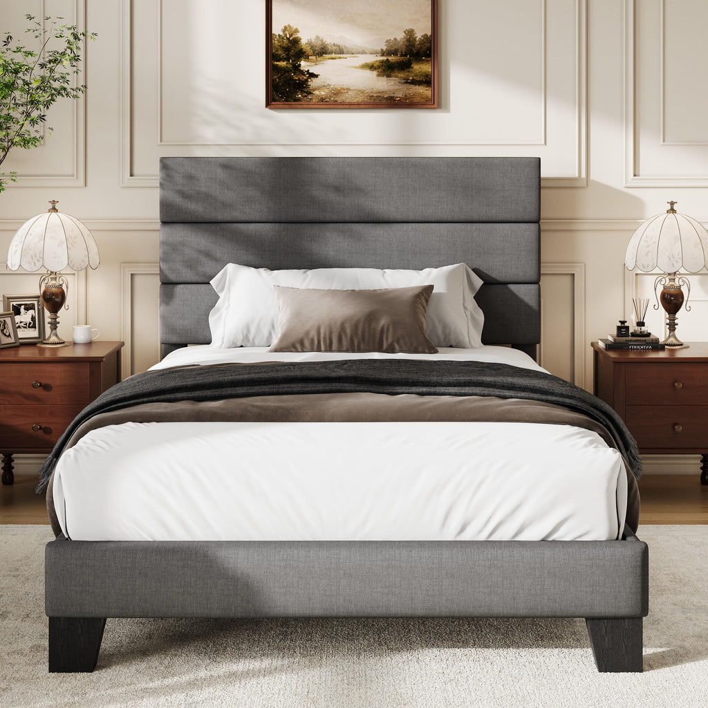 Twin Size Dark Grey Upholstered Fabric Bed Frame E5671