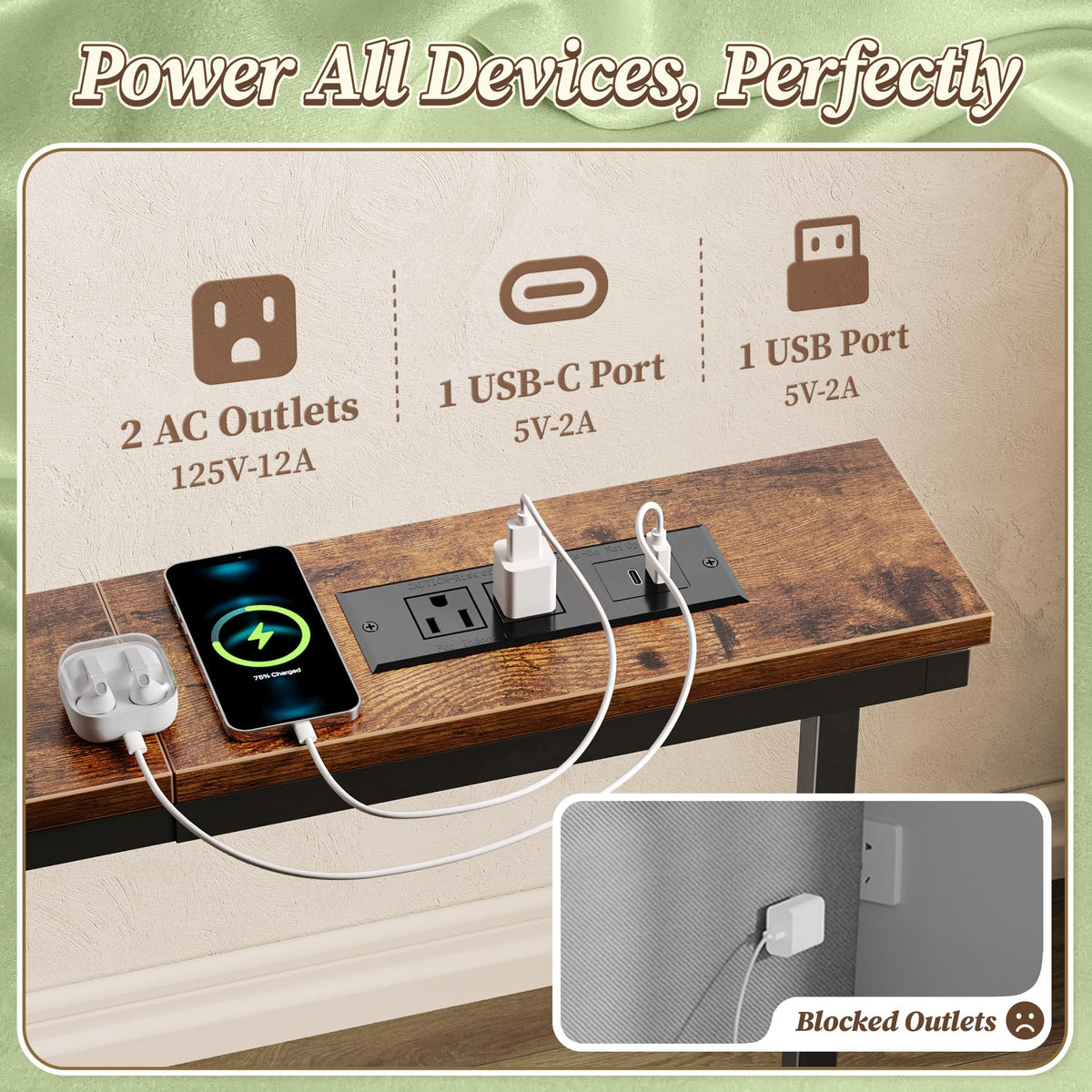 Extendable Behind Couch Table with Outlets D264