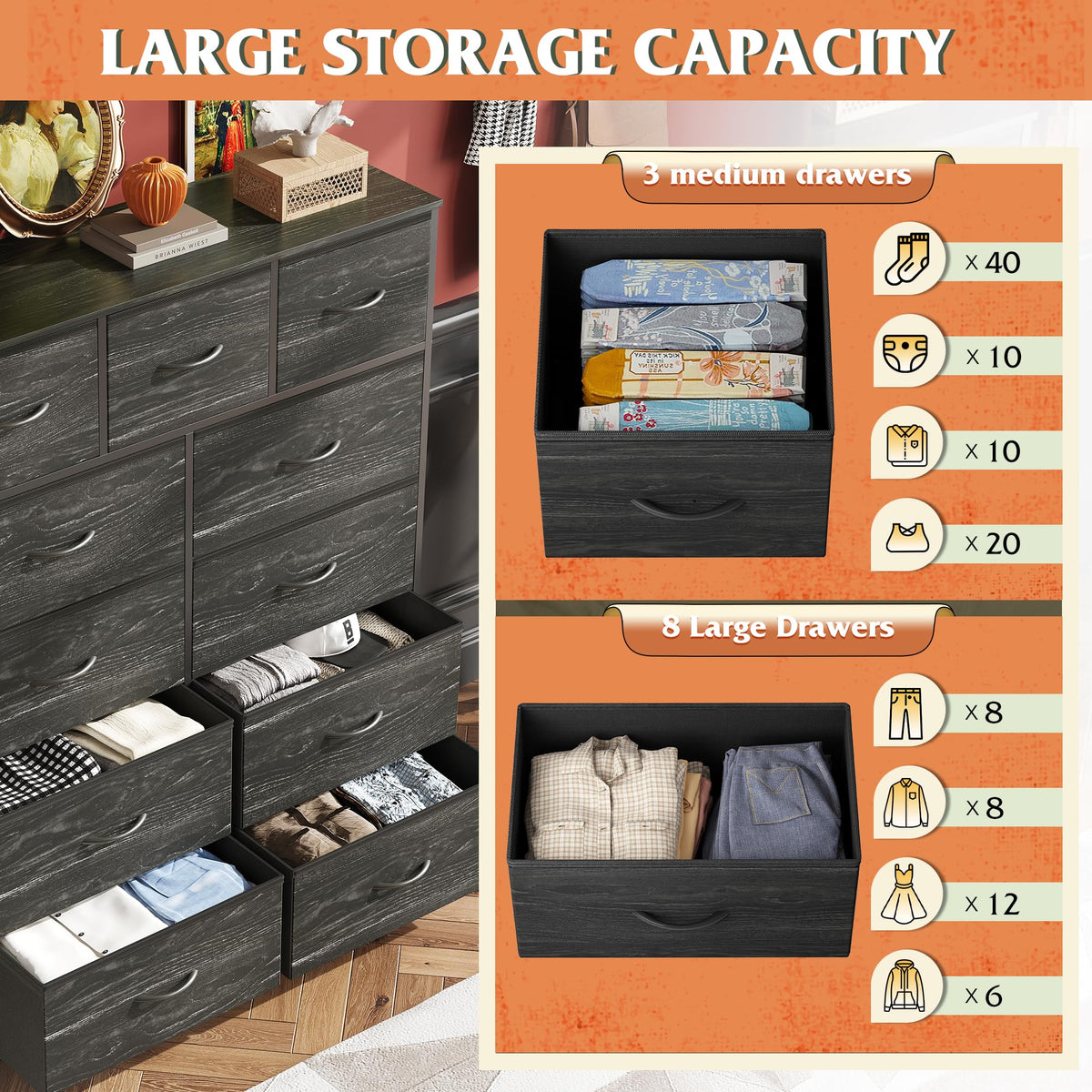 Black 11 Drawer Fabric Dresser O381314
