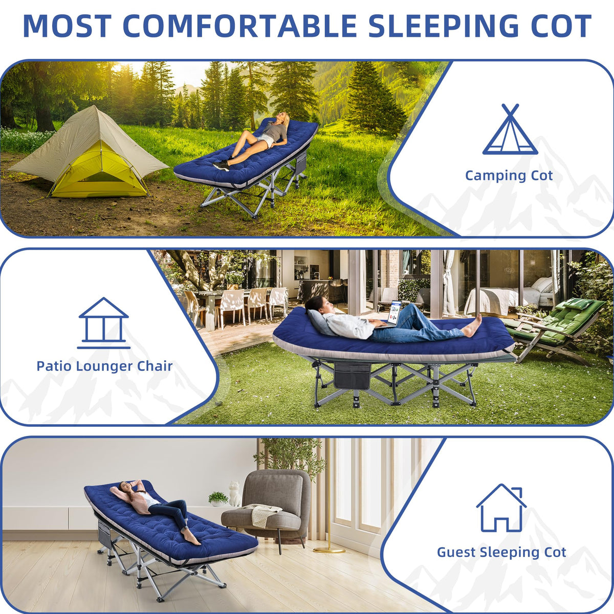 Blue Camping Cot with Cushion, Pillow and Carry Bag Q521