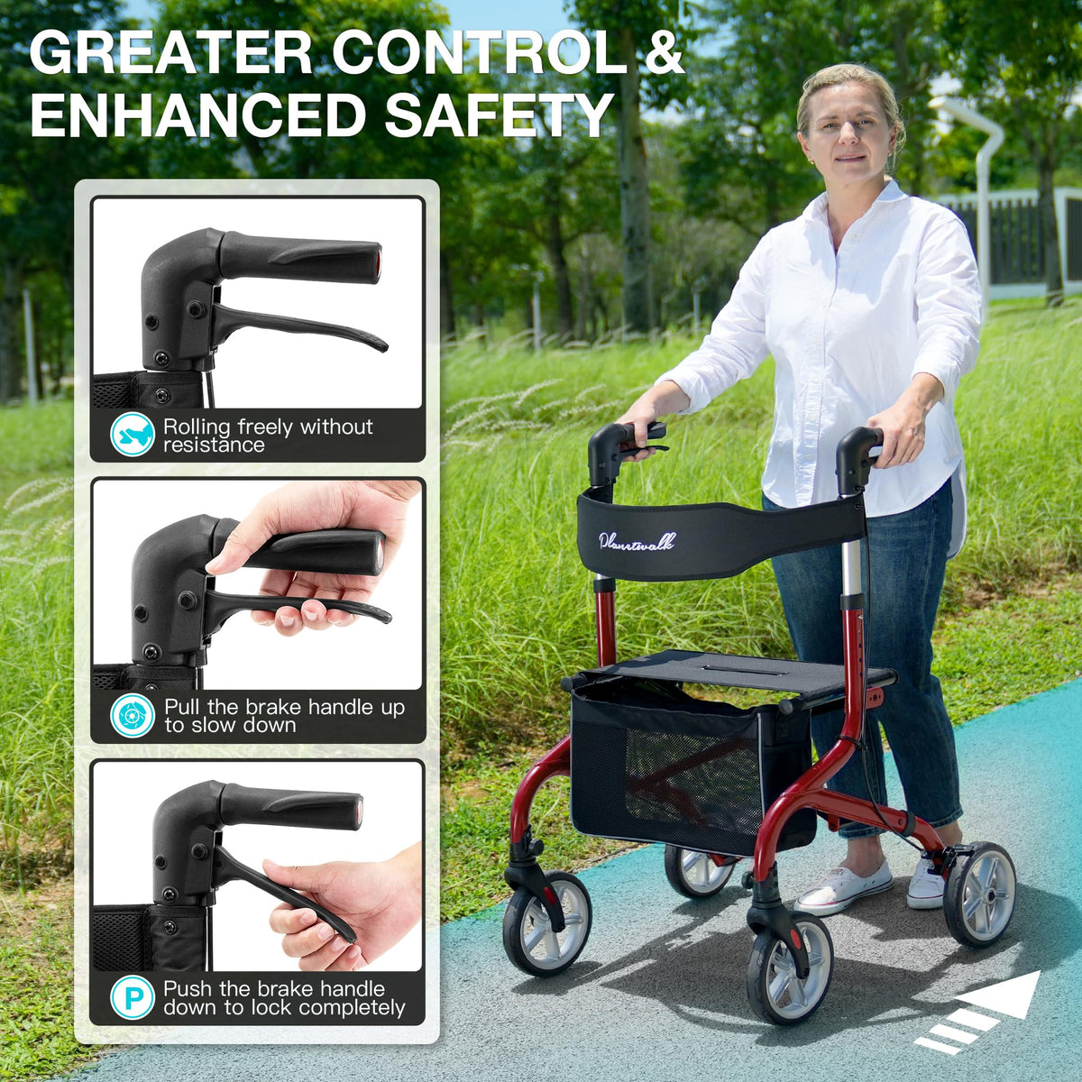 Lightweight Foldable Rollator Walker with Seat and 8" Rubber Wheels H188568