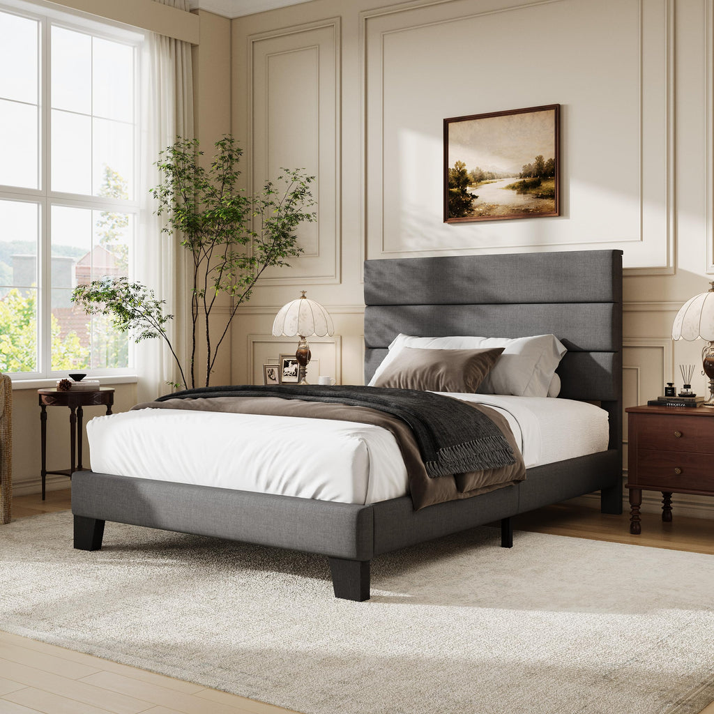 Twin Size Dark Grey Upholstered Fabric Bed Frame E5671